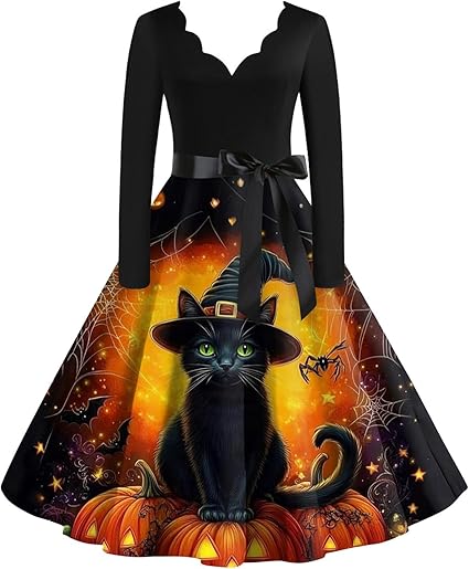 OIOLOYJM Sexy Plus Size Halloween Costumes Woman 2025 Long Sleeve V Neck Printed Gothic Retro Formal Party Dresses for Women