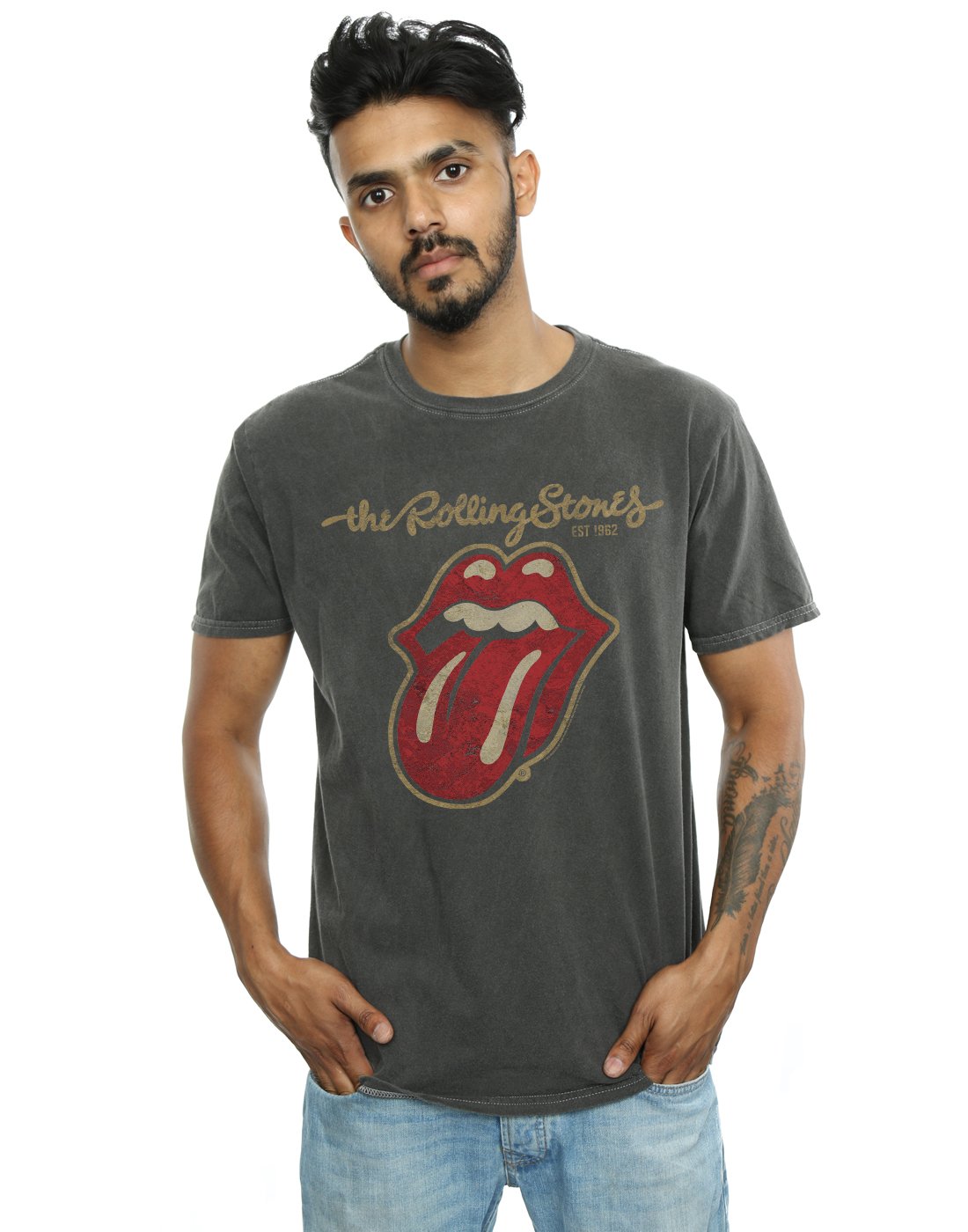 Absolute Cult Men's Charcoal Rolling Stones Plastered Tongue Washed T-Shirt Medium