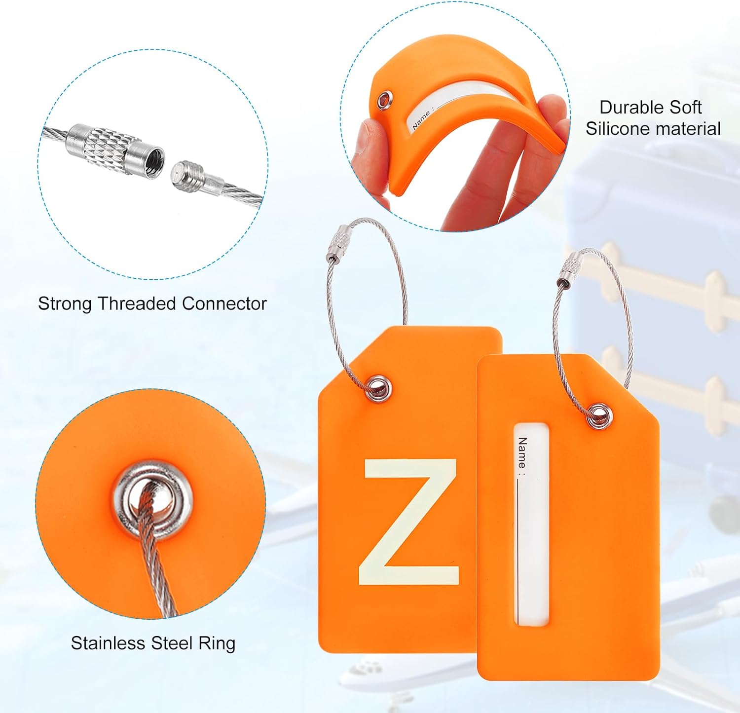 PATIKIL Initial Luggage Tags, 8 Pcs Silicone Suitcase Tag Identifier ID Card Holder Unique Luggage Name Tags with Stainless Steel Loop, Letter Z, Orange image 4