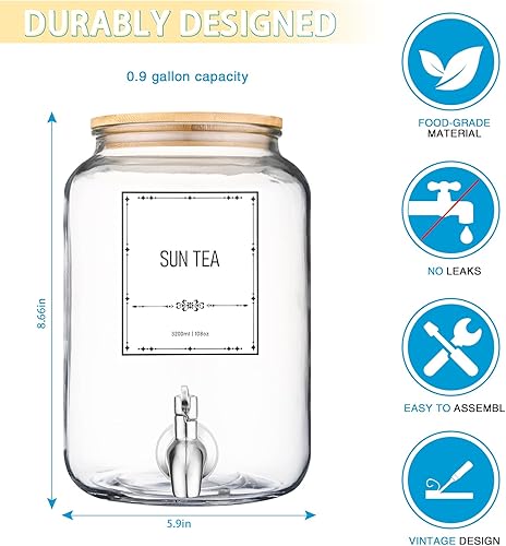 Miniatura 6 de Dispensador de bebidas de vidrio, 2 dispensadores de bebidas para fiestas, dispensador de bebidas con tapa de bambú y espita de acero inoxidable a