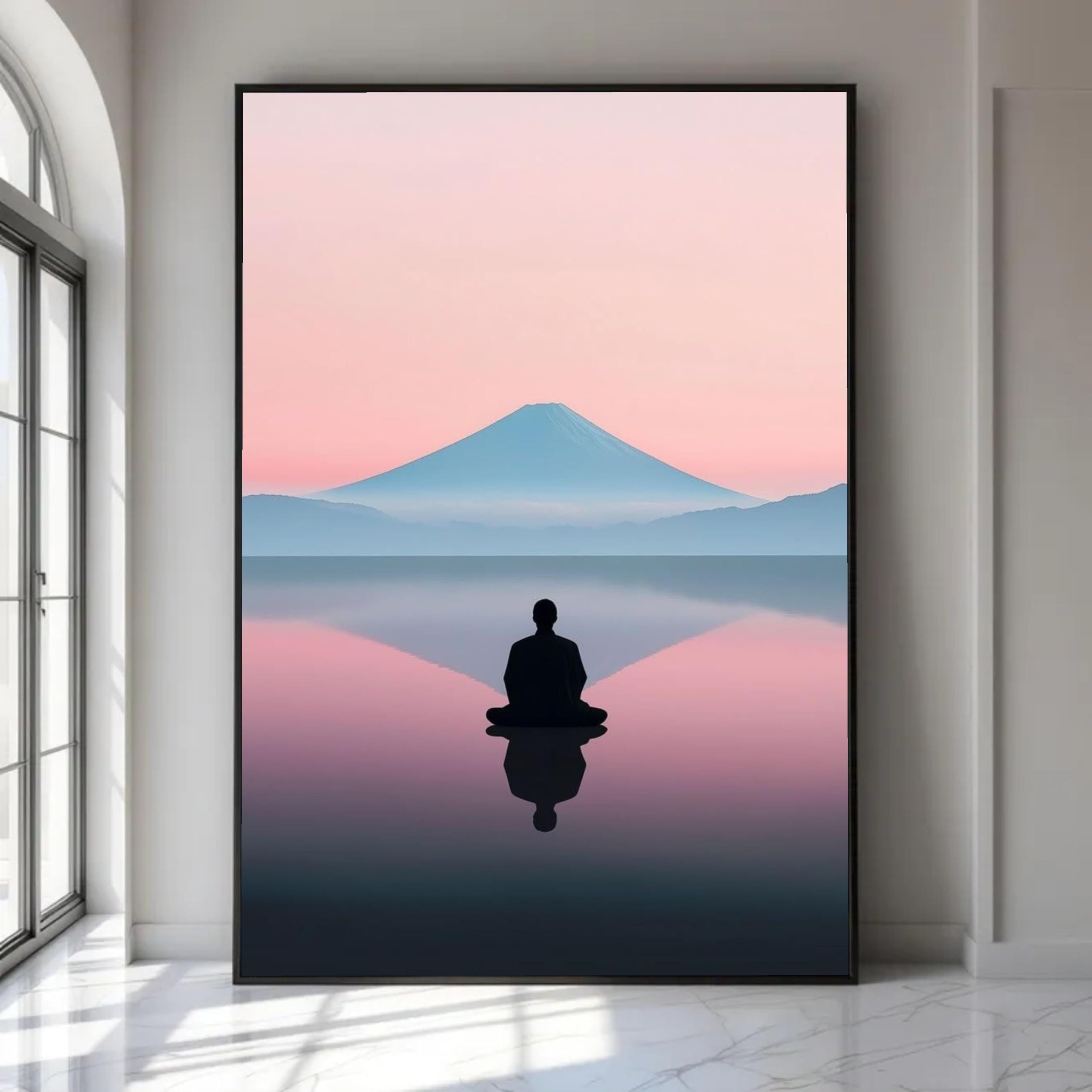 CAOXTART Meditation Scene Posters, Zen Silhouette Wall Art, Mountain Reflection Painting, Nature Landscape Canvas Prints(70x110cm/Frameless)