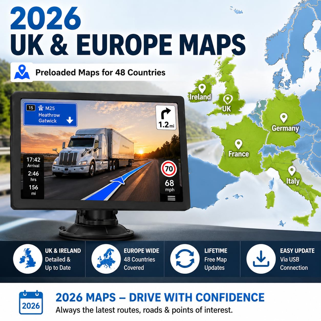 GPS de camion pour cartes GPS 2026 du Royaume-Uni et de l'Europe 9"