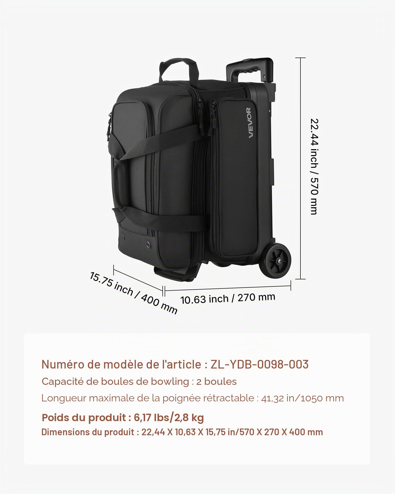 VEVOR Sac de Bowling à roulettes, Valise de Transport pour 2 Boules, avec Compartiment pour Chaussures, Poche pour Accessoires Surdimensionnée et Poignée Rétractable Extensible, Transport, Noir