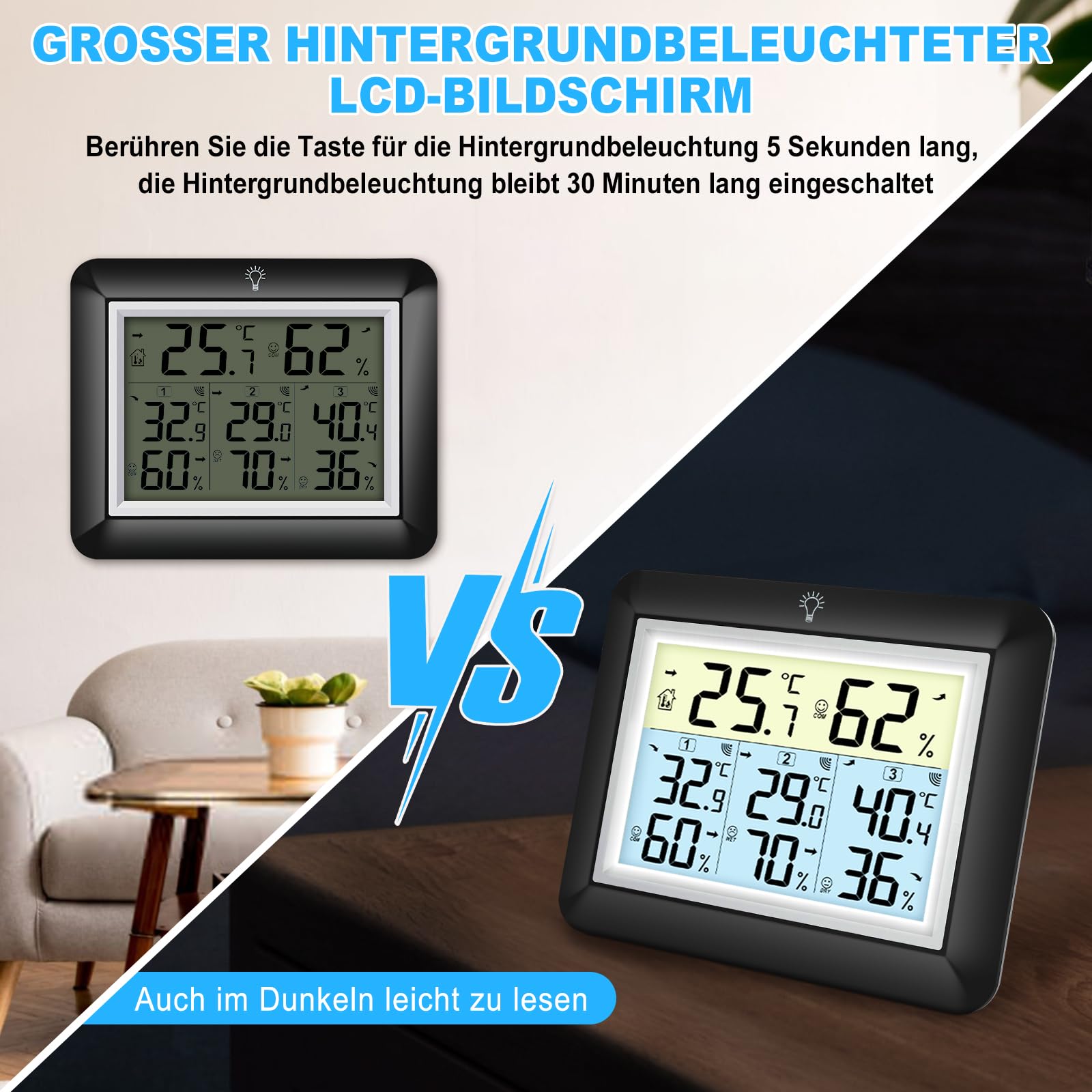 Urageuxy Funk Thermometer mit 3 Außensensoren - Wetterstation mit 100m Reichweite, Digital Hygrometer Thermometer mit Großem LCD-Display, MIN/MAX-Aufzeichnung, Einfache Bedienung (Schwarz)