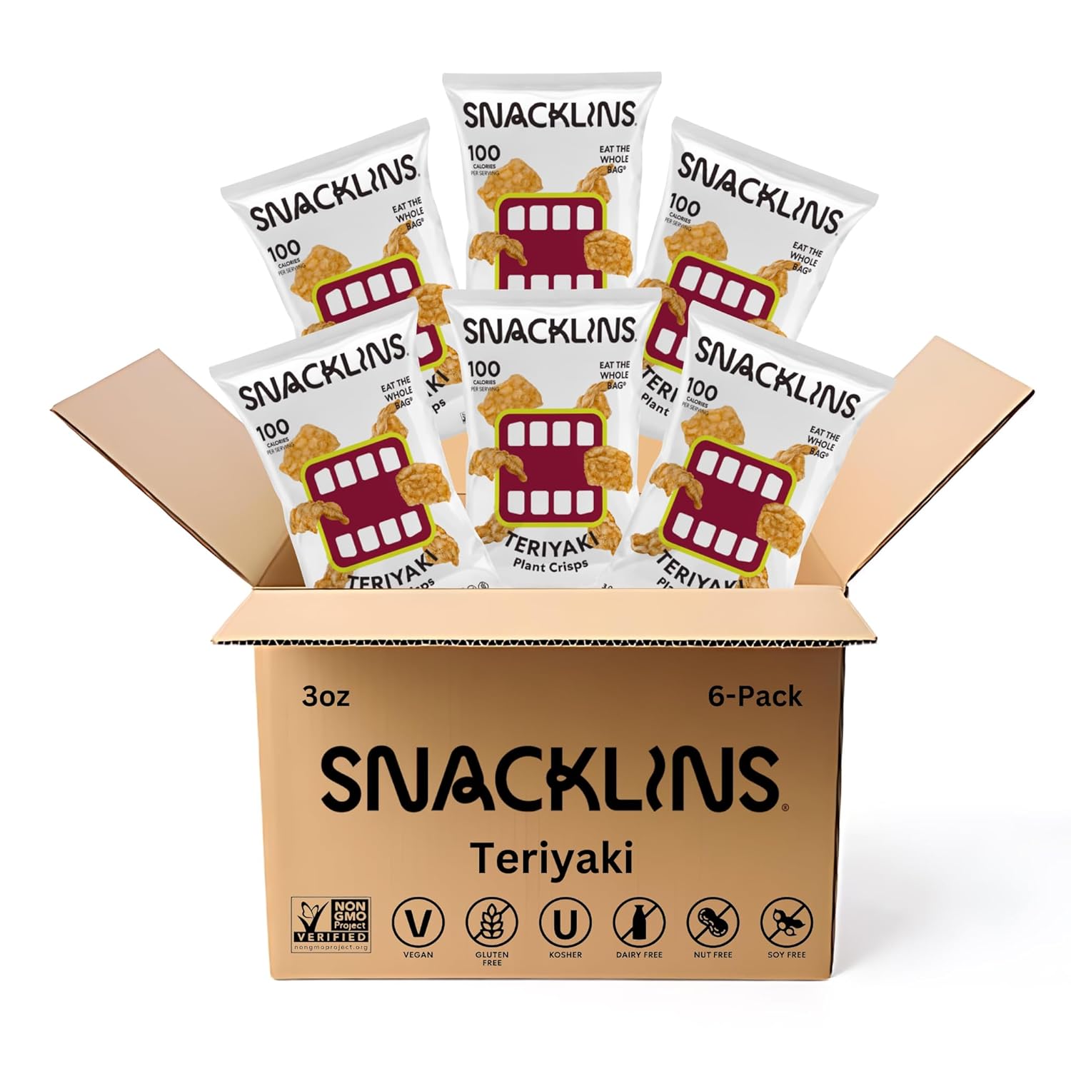 SNACKLINS Plant Based Crisps - Teriyaki - Vegan Healthy Snacks - Gluten Free, Grain Free, Plant Based Crisps, 100% Kosher For Passover, Low Calorie - No Added Sugar, Crunchy, Puffed Snack - 3oz Bag (Case Of 6)