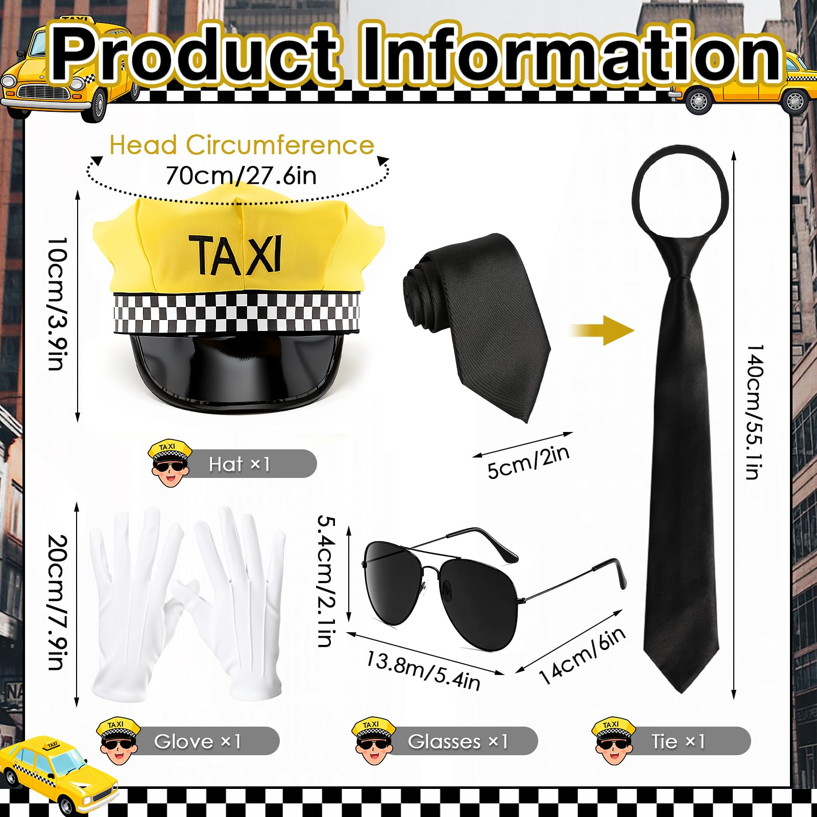 4pcs Chauffeur Costume Accessories Set,Taxi Driver Costume Set including Yellow Taxi Hat Sunglasses White Gloves & Black Tie for Fancy Dress Halloween Stage Performance Role Play & Party Cosplay - Image 2