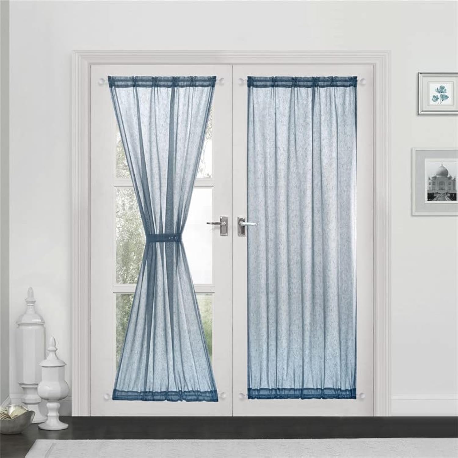 Devola Visillo de lino con aspecto de lino, cortina larga, moderna, monocolor, cortina semitransparente, cortina para puerta, cortina de ventana, cortina de cocina, cortina corta, azul, 1 unidad