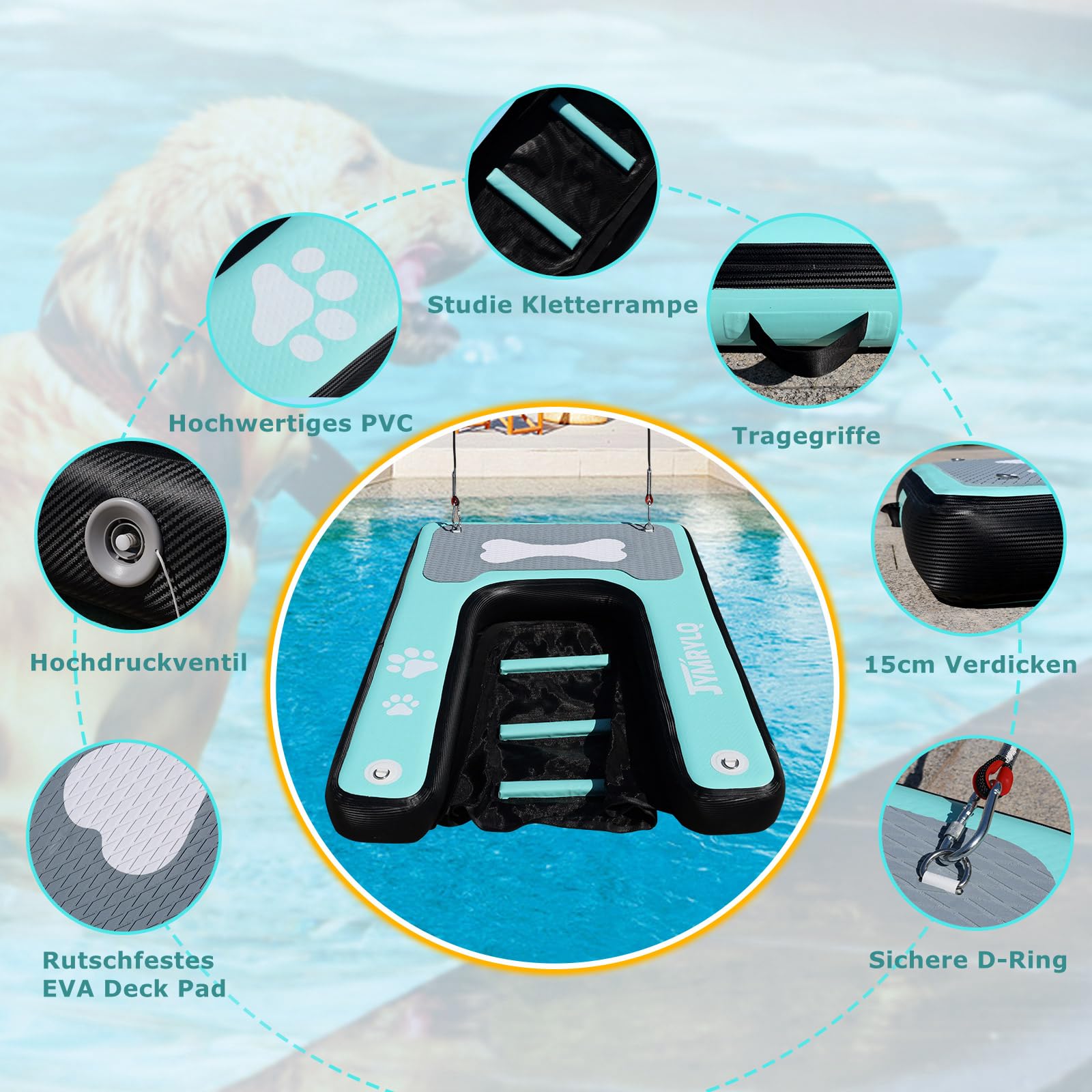 Hunde Wasserrampe Aufblasbare Hunderampe Pool 150x100cm Hundeboot Schwimminsel bis 100kg