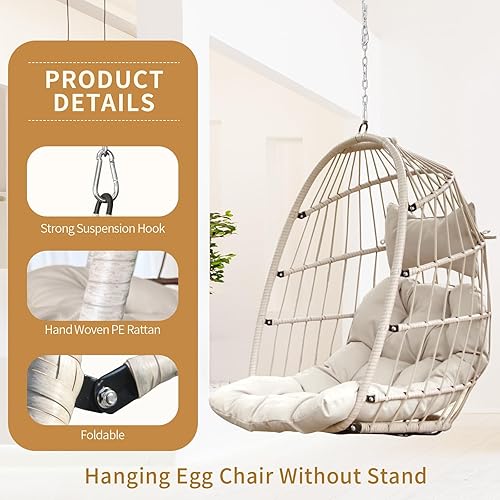 Miniatura 2 de Silla colgante de mimbre con soporte para porche Hamaca resistente a los rayos UV con estructura de aluminio, 350 libras de capacidad, para balcón,