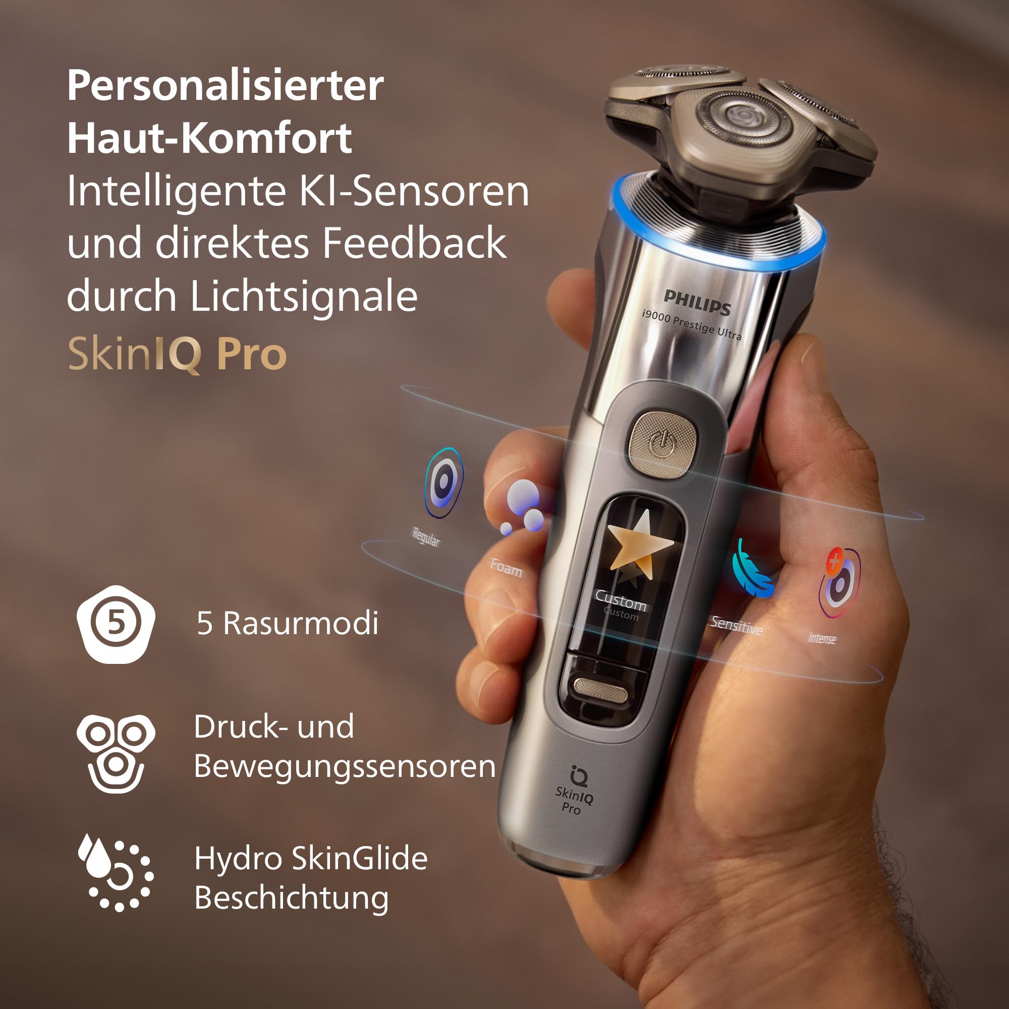 Philips elektrischer Rasierer i9000 Prestige Ultra, Nass- und Trockenrasierer für Herren, chrom, Druck- und Bewegungssensor, Trimmeraufsatz, Reinigungsstation, Ladestation und Reiseetui (XP9404/31)