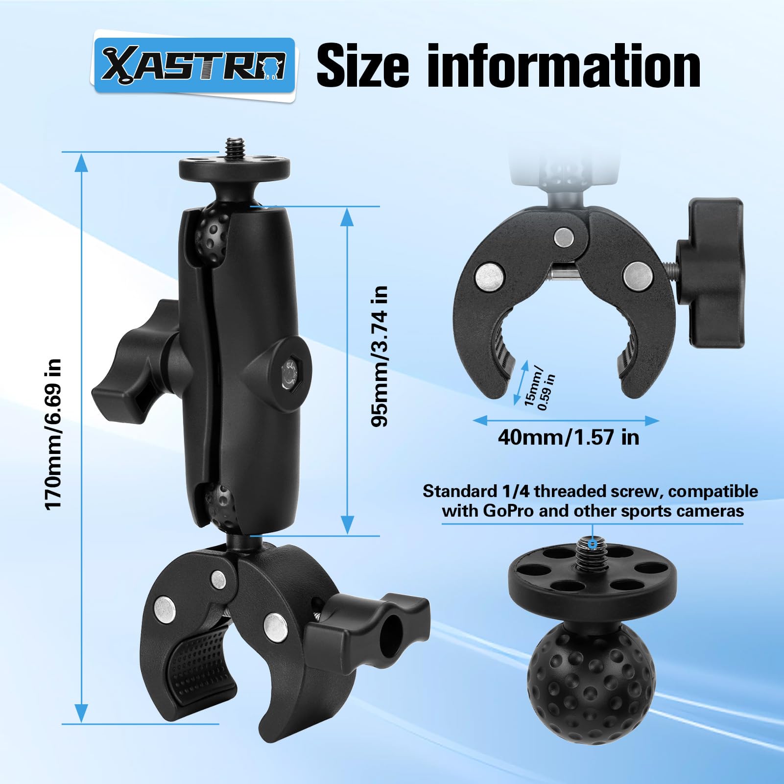 Xastro Supporto da moto per Insta360 X4 X5, morsetto per fotocamera, supporto per bicicletta con bastone per selfie invisibile da 27-120 cm, doppio morsetto, compatibile con accessori per fotocamera
