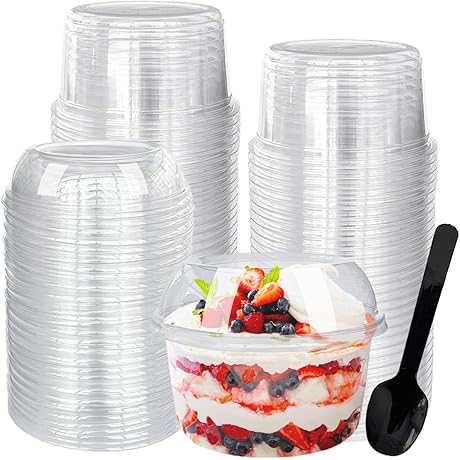 50 Disposable Clear PET Dessert Bowls with Lids and Spoons