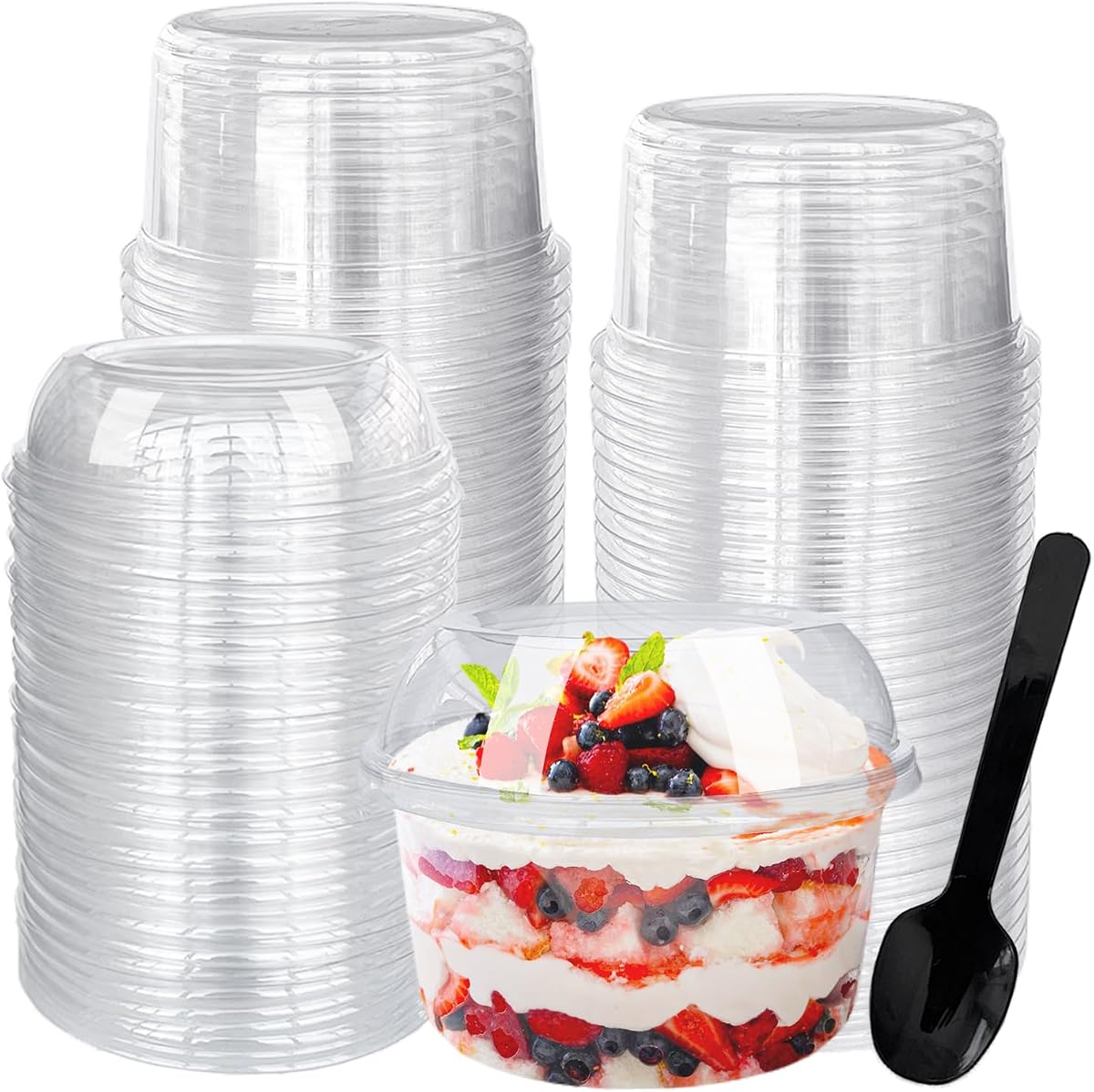 Paquete de 50 vasos de postre desechables de plástico transparente de 12 oz con tapas y cucharas | Cuencos de refrigerio desechables para magdalenas, pudín, bocadillos, yogur, helado helado, frutas, mousse
