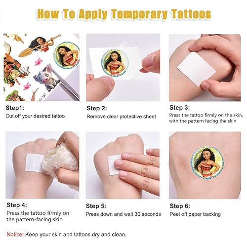 Miniatura 3 de 8 hojas de calcomanías de tatuajes temporales para Moana, suministros de fiesta de cumpleaños de Moana, decoraciones de fiesta, regalos para niños y