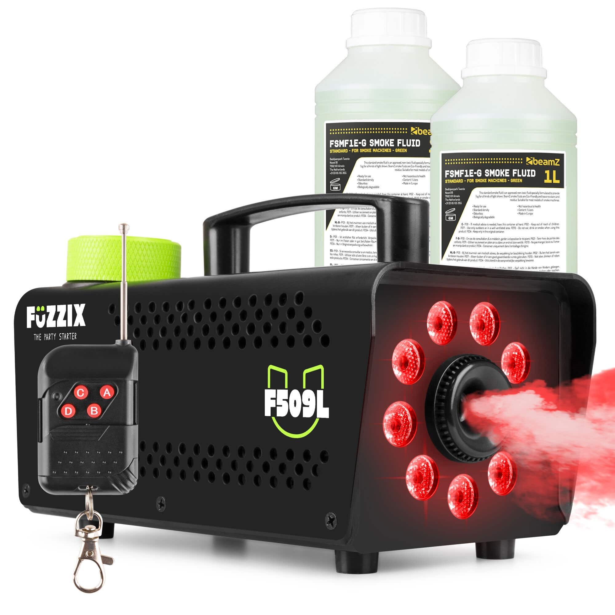 Fuzzix F509L - Máquina de humo 500W para bodas y celebraciones | 500W de potencia, control mando a distancia, calentamiento rápido y gran salida de humo, para DJs, eventos y escenarios