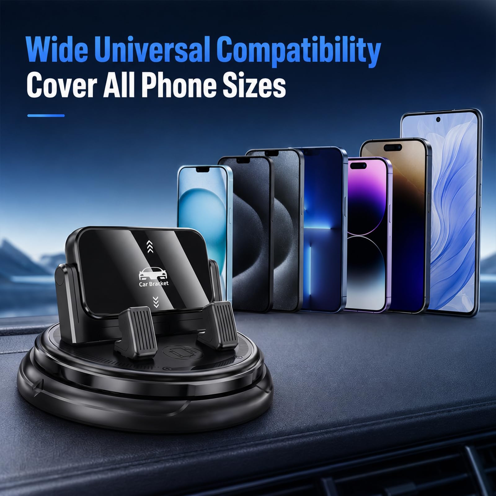 Soporte para teléfono de coche con rotación de 360 grados, soporte de teléfono para salpicadero con clip de resorte ajustable, soporte universal ajustable para teléfonos inteligentes