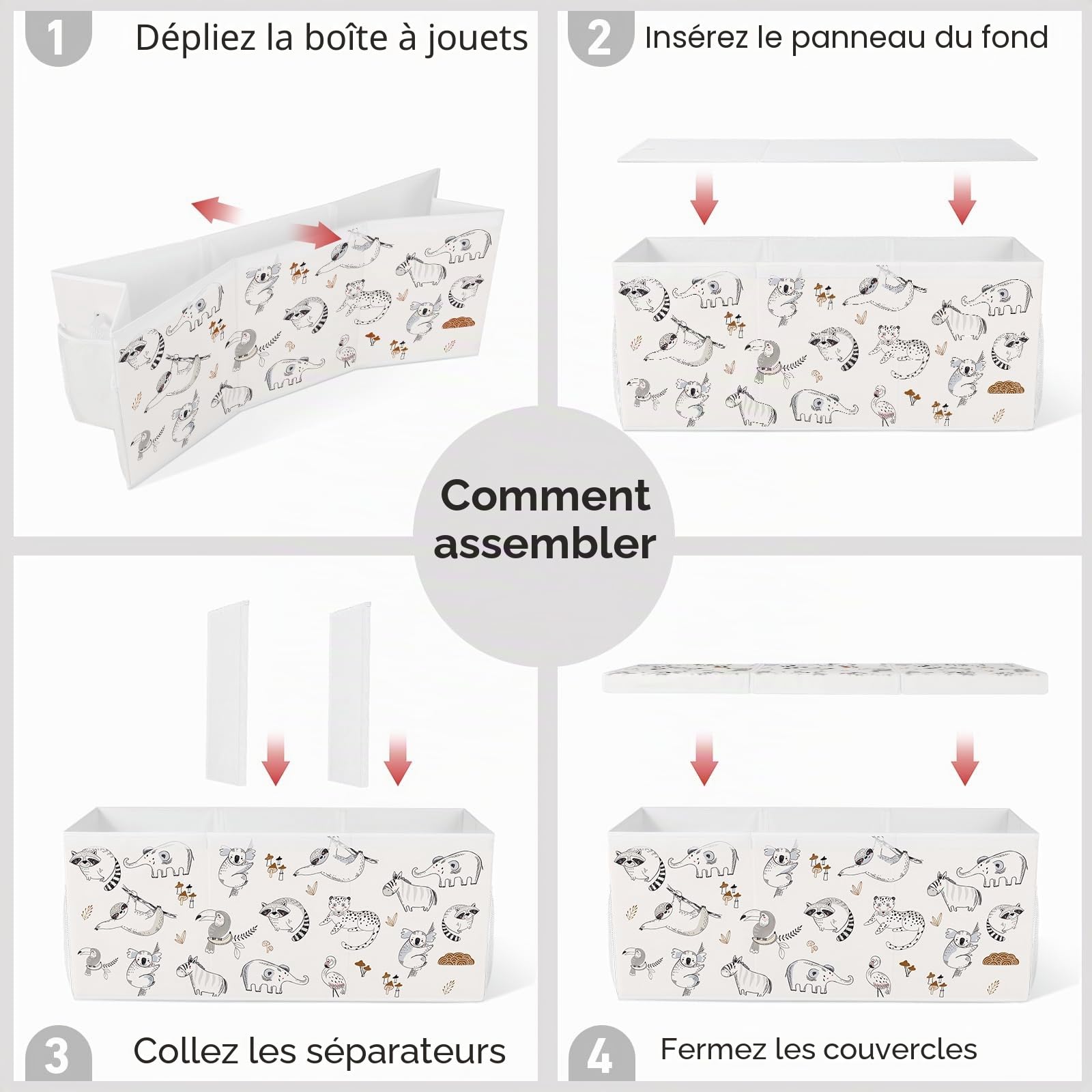 Coffre a Jouet Pliable avec Couvercle, 96 x 32 x 40 cm Rangement Jouet Enfant avec Poignées pour Jouets, Vêtements, Livres, Armoire - Animaux Dessinés au Trait