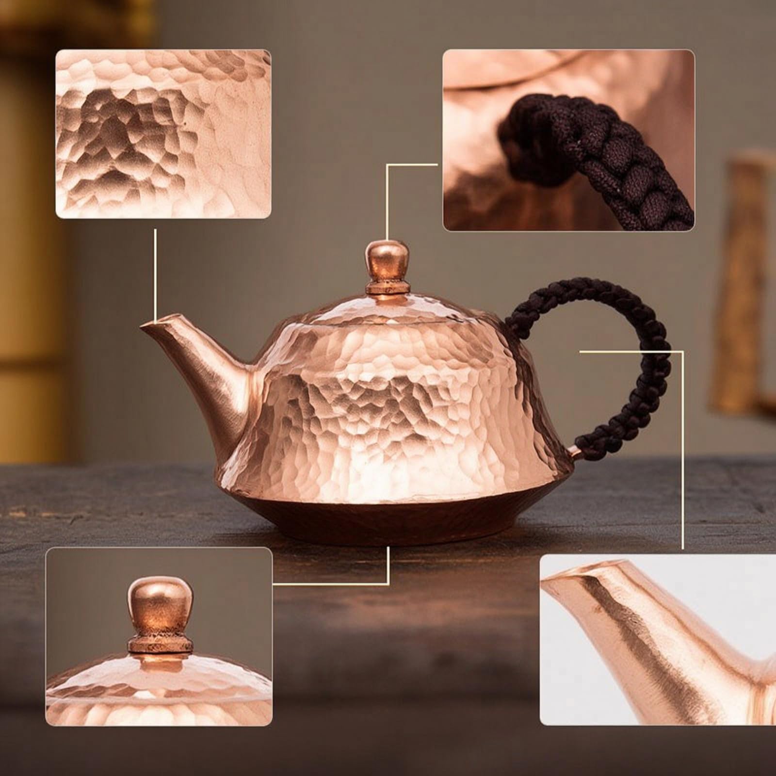 Teiera in Rame Martellato Tradizionale Teiera con Manico Laterale Elegante per Appassionati di Tè, Rame Originale, 300 Ml