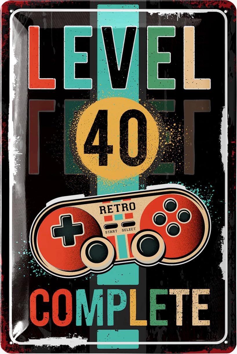 LANOLU Vintage Tin Sign - LEVEL 40 - Perfect 40th Birthday Gifts for Men, Dirty 40 Birthday Decorations for Him, Men Birthday Gifts, 40th Birthday Gift, 12x8"