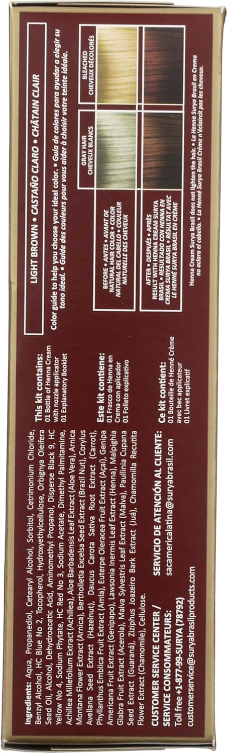 Surya Brasil Henna Cream Light Brown - 97% Natural Ingredients, Vegan, Cruelty-Free, Eco-Friendly, Semi-Permanent Hair Color, Deep Hydration & Shine, 2.37 oz
