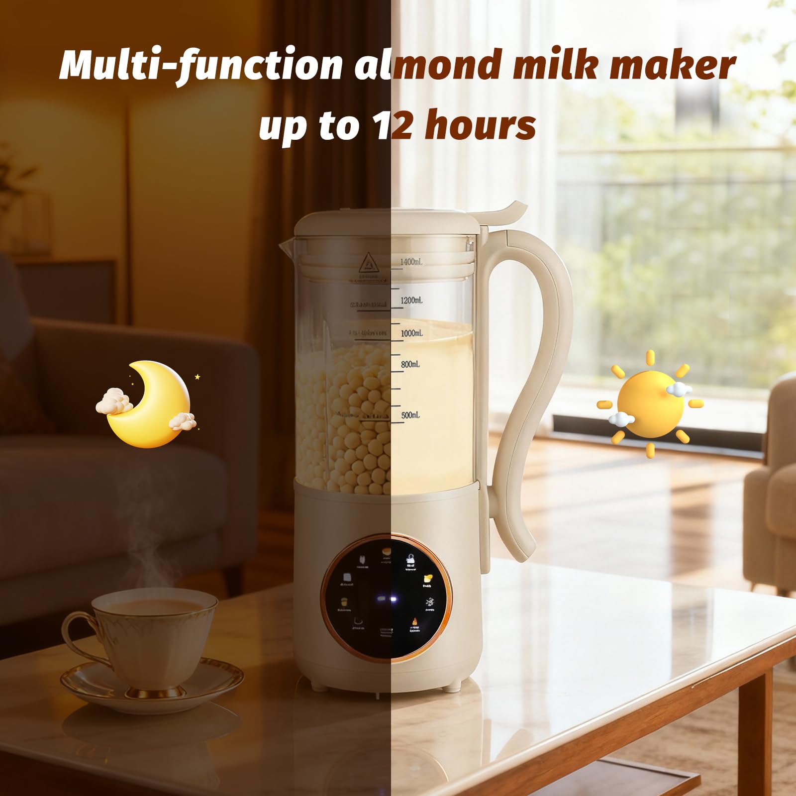 Macchina per latte di soia, 1400 ml, con 16 lame, indicatore LED, prenotazione 12 ore, autopulente, 6 funzioni, per latte vegetale fatto in casa, avena, latte di mandorle