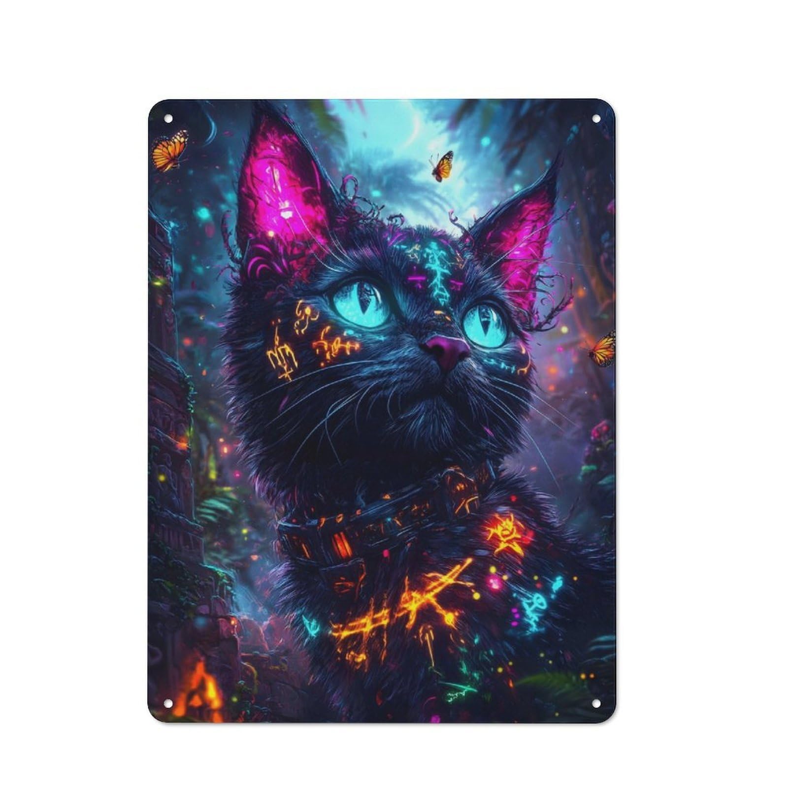 Everyday Neon Cat in Forest Metal Gift Sign 40x30cm, Room Wall Plaque for Home, Shop, Pub Or Studio Wall