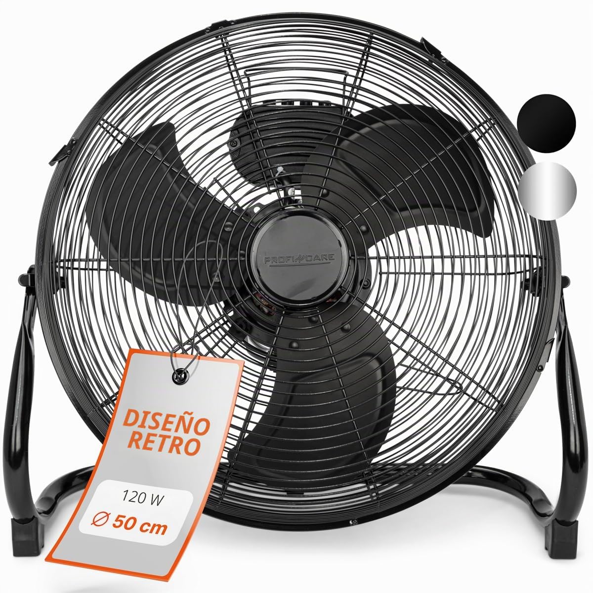 Proficare, Ventilador de Aire Diseño Retro Acero Inoxidable Negro 50 cm PC-VL3067WM, Ventilador Silencioso 120W, 3 Niveles de Velocidad, Ángulo de Inclinación Ajustable, Rejilla Metálica