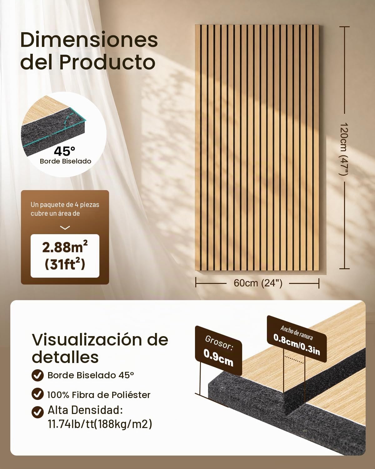 Soundsbay Paneles Acústicos Autoadhesivos Aspecto Madera Roble | 2,88 m²-4 Piezas Pared de gran tamaño para tratamiento acústico decoración, Panel acustico, Espuma acustica 120x60x0.9cm