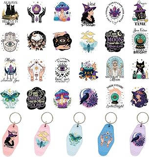 120 Pcs 24 Styles Mysterious Witch Motel Keychain Stickers, Evil Eye Moon UV DTF Transfer Stickers Waterproof Transfer Sticker Decal Rub on Transfers for Acrylic Hotel Keychain Card