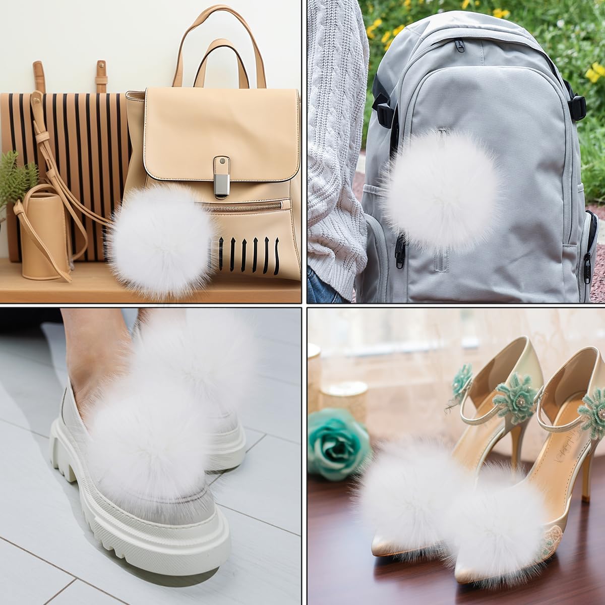 Homtable 6IN Large Faux Fur Pompoms, 4 Pieces Big Pom Pom Balls Fluffy Pompom Ball with Elastic Loop for Shoes Scarves Gloves Scarves Bag Key Chain Charms Accessories (White) - Image 5
