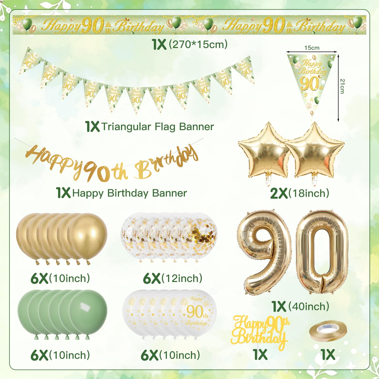 Décoration Anniversaire 90 Ans, Vert Or Ballon 90 Ans Anniversaire Femme Homme, Decoration 90 Ans, Bannière Joyeux Anniversaire pour 90 Réutilisable - 3