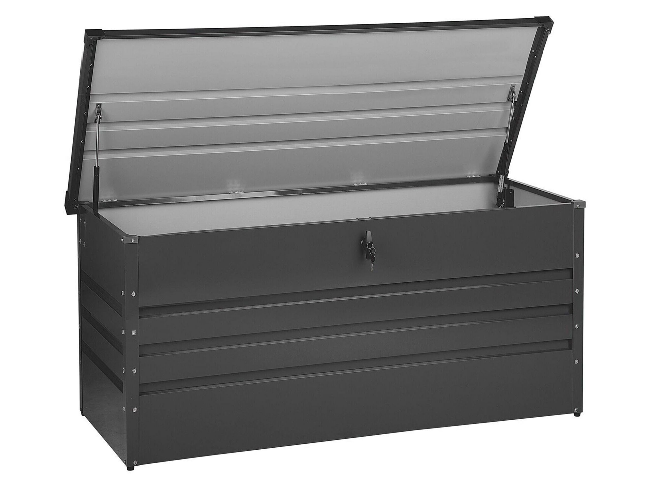 Beliani Große Metall-Gartentruhe 400 l Graphitgrau – Kissenbox mit Deckel und Schloss