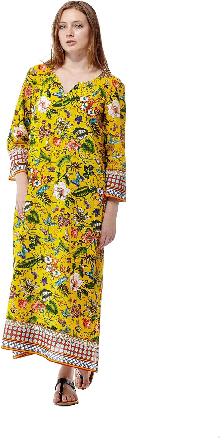 LA CERA Women's Printed Voile Caftan, 100% Cotton, 3/4 Sleeves, Side Seamed Pockets