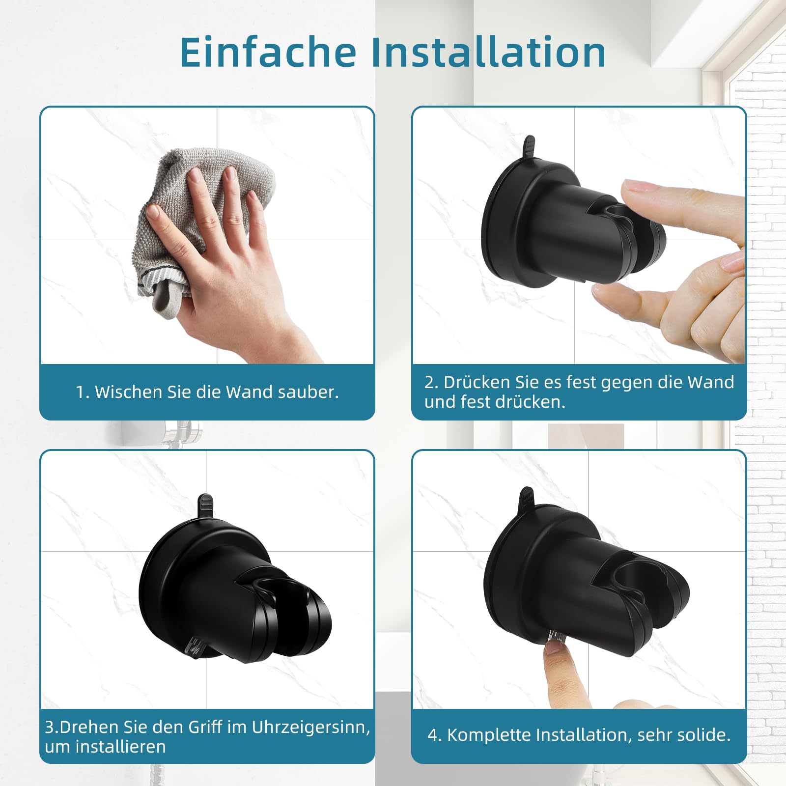 Supporto per soffione doccia con ventosa, supporto per doccetta rimovibile,Supporto per soffione doccia senza foratura,Supporto universale regolabile per soffione doccia in plastica ABS (nero)