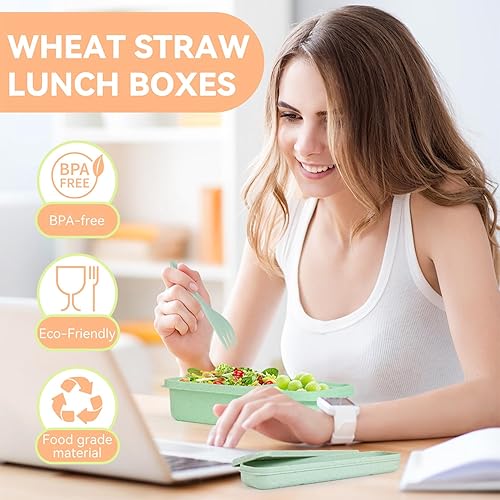 Miniatura 5 de YULEER Lonchera Bento de paja de trigo, contenedores reutilizables de 3 compartimentos con tapas transparentes, contenedores de almacenamiento de