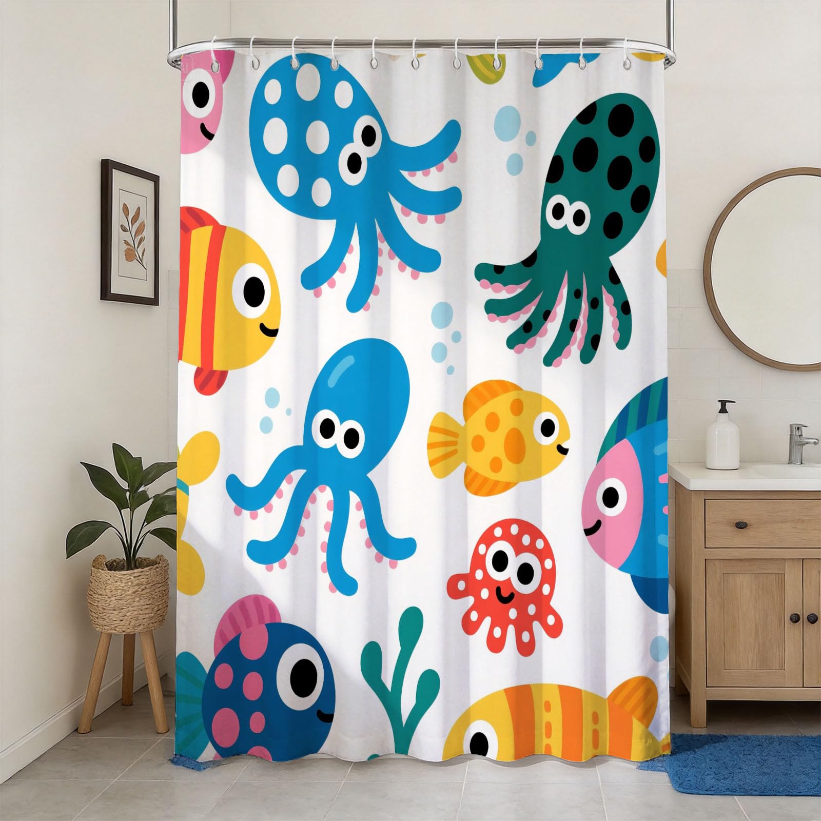 Hongduo 3D Cute Octopus Shower Curtain for Stalls Bathtubs the Underwater World Bathroom Decor Shower Curtain Set Polyester Fabric Waterproof 180x180cm/71X71 Inch with Hooks