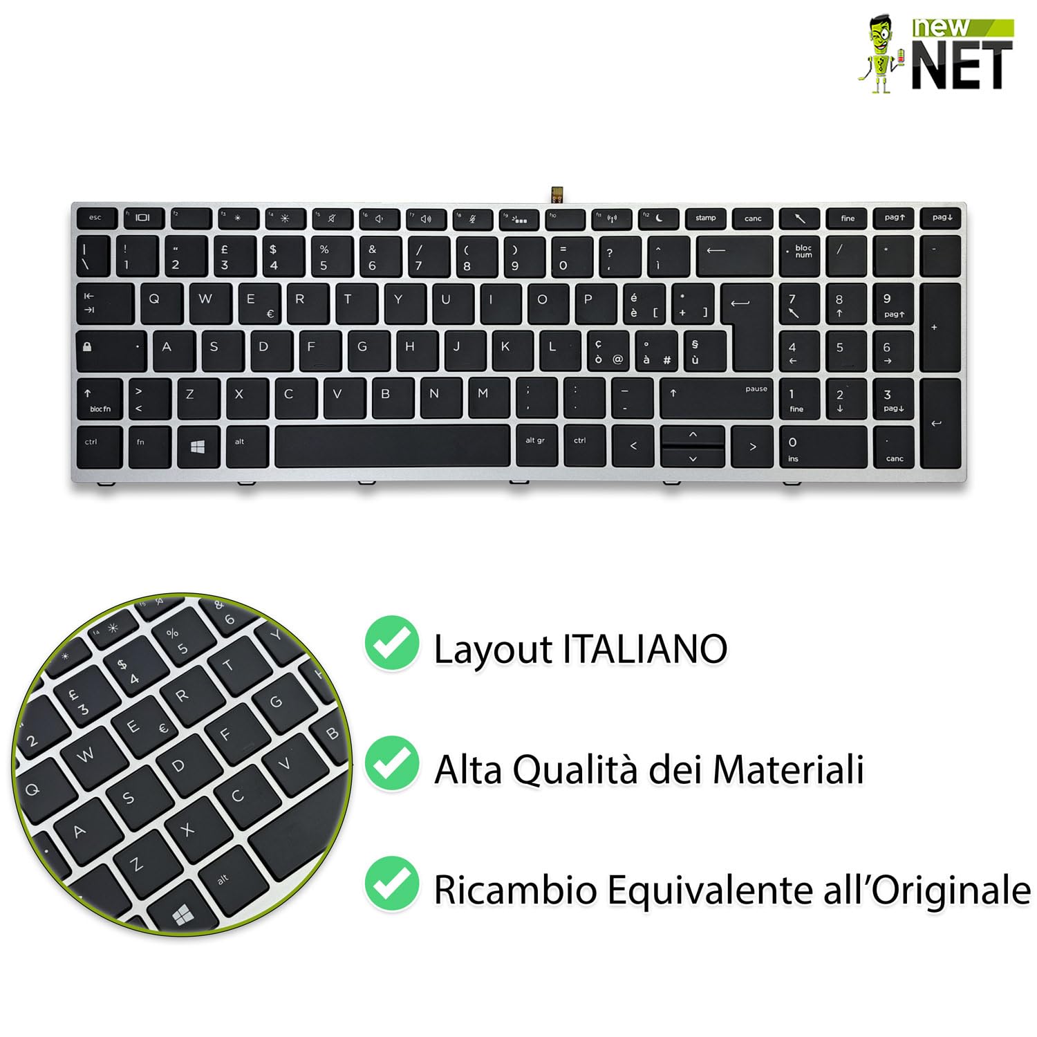 new net - Tastiera Compatibile con Notebook HP ProBook 650 G4, 650 G5, 655 G4, 655 G5 [Frame Argento - Retroilluminata - Layout ITA]