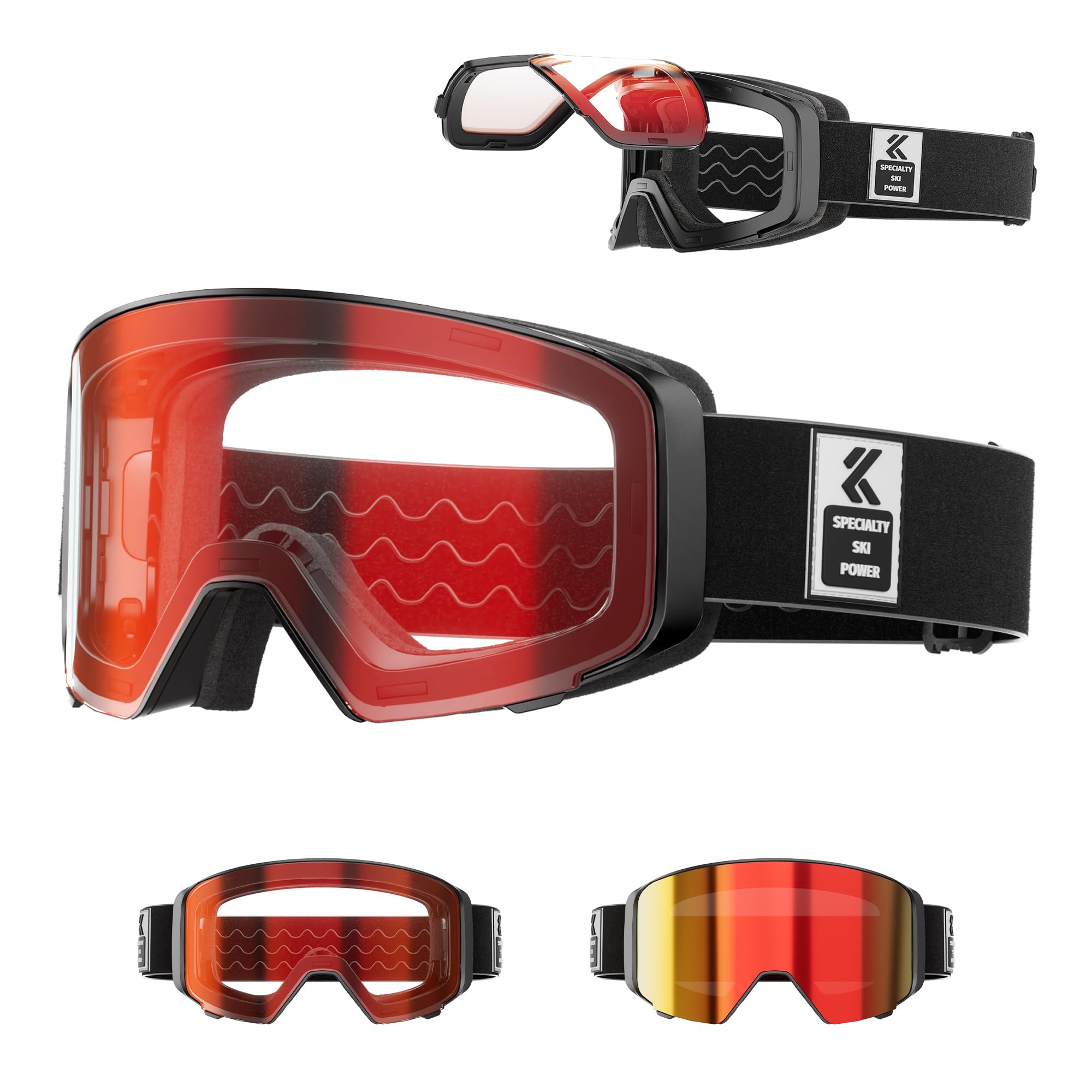 KAPVOE Masque de Ski avec Lentilles Photochromiques & Colorées - Lentille Magnétique à Basculement Anti-Buée UV400 OTG - Compatible avec Casque Hommes Femmes K724