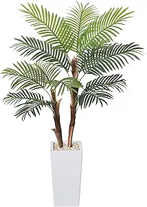 Artificial Palm Tree 5FT, Fake Tree with Realistic Fiber Trunks and White Tall Planter, Faux Tropical Areca Floor Plant in Pot, Artificial Silk Plant for Home Decor Office Living Room Decor