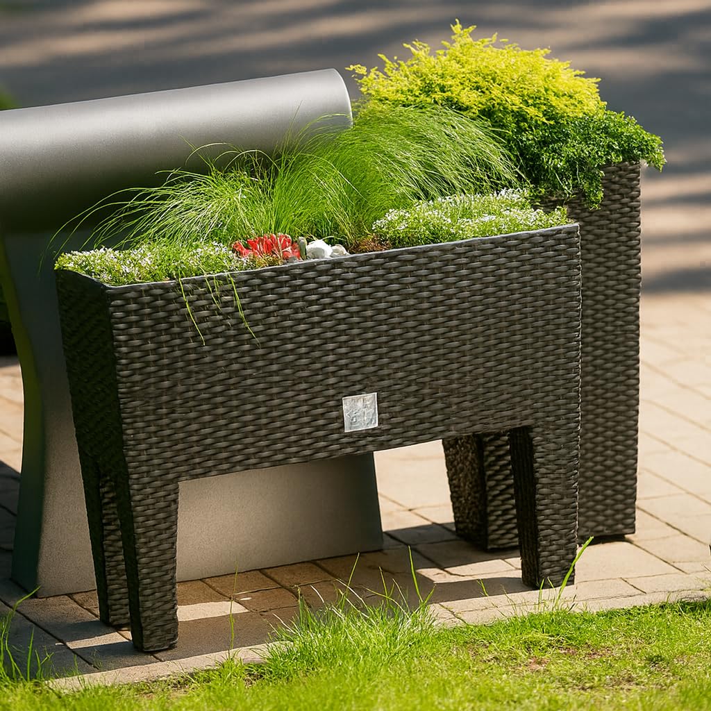 BirnePower Blumentopf Blumenkasten mit Füßen Blumenkübel Rattan Optik Pflanzenkasten Bewässerung (600 umbra)