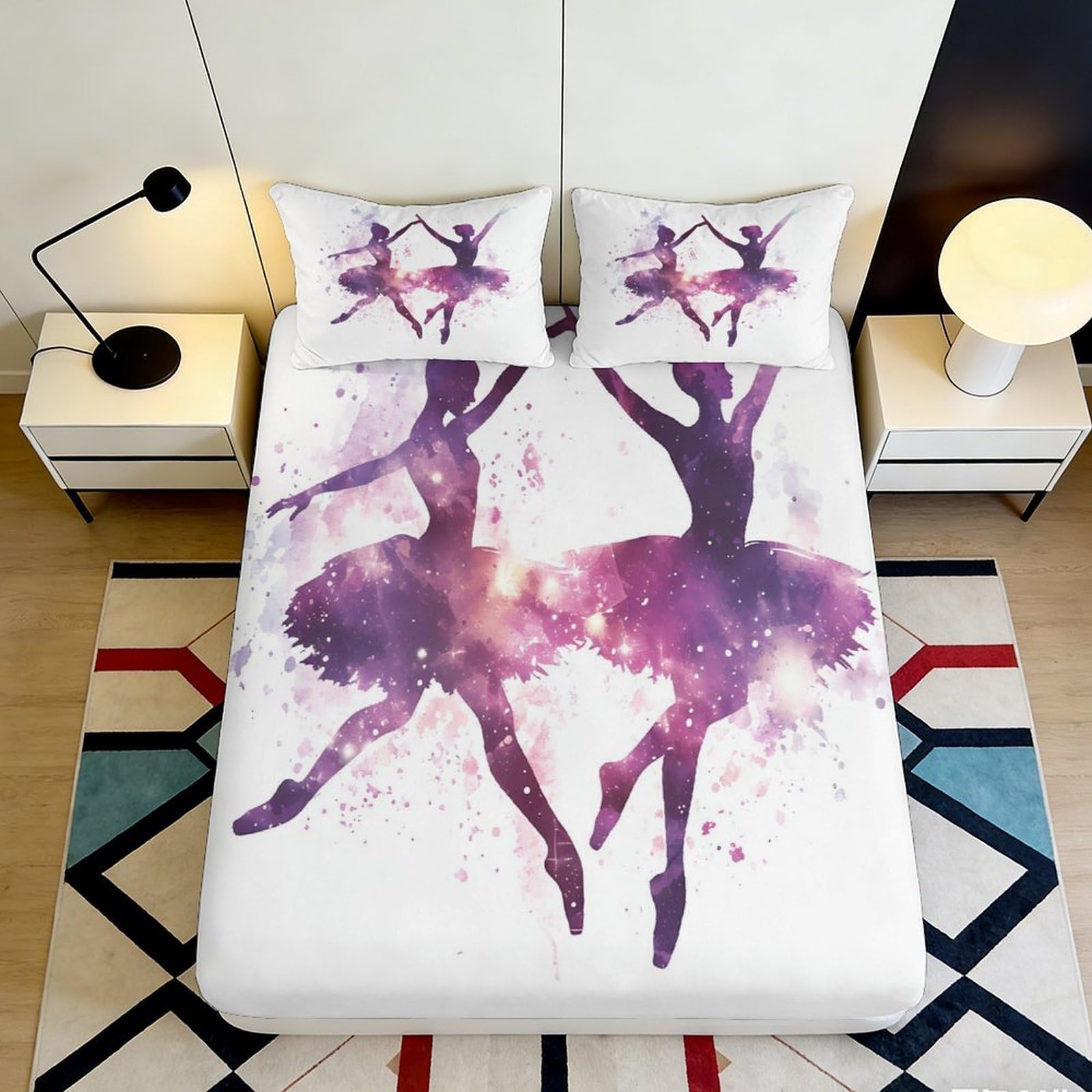 3D Printed Ballet Dancer Fitted Sheet Microfiber Purple Artistic Bed Cover Non Slip Washable for Bedroom Guestroom 90x200x25cm