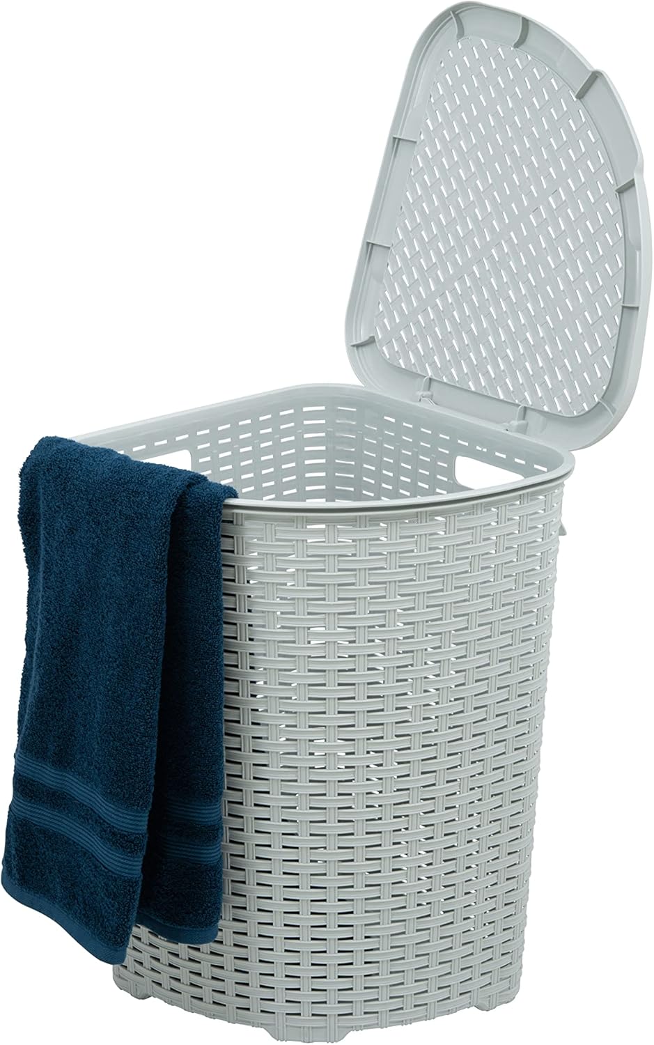 Plastic Corner Laundry Hamper with Lid, Curved Designed Laundry Basket, Triangle White Smoke Cloths Hamper Organizer with Cut-out Handles for Laundry Room Bedroom Bathroom, Wicker Design, 50 Liter Corner White Smoke