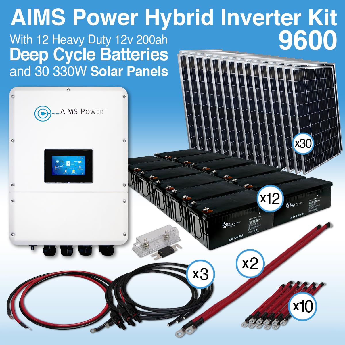 AIMS Power Hybrid Inverter Kit with 28.8kW Battery Bank & Solar Panels - 9.6 kW Output Inverter W/ 28.8 kW Stored Battery Power & 9.9 kW Solar - Multiple Configuration Options - Grid Tie & Battery