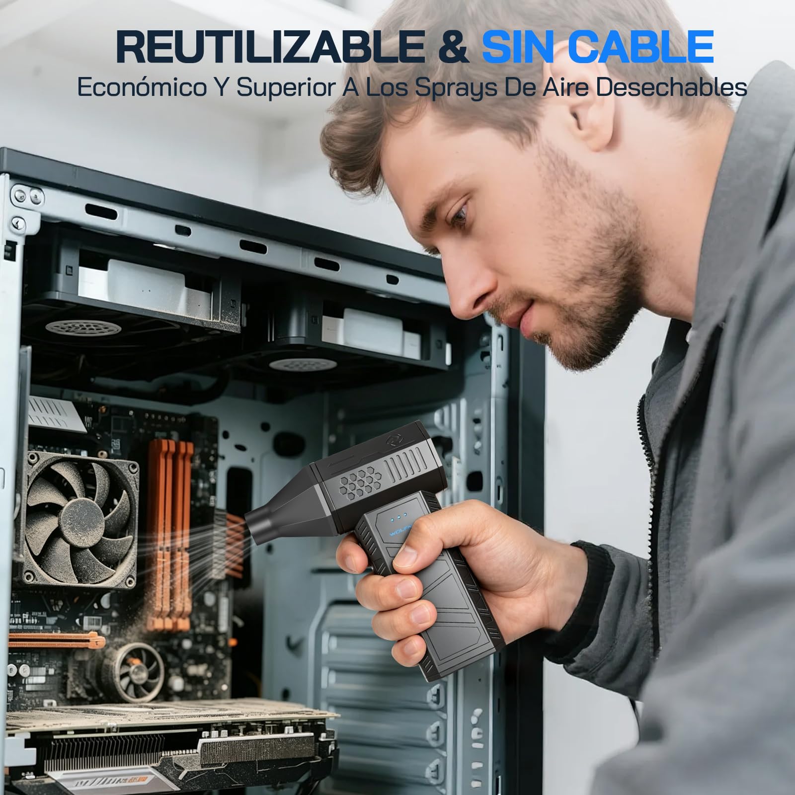 WOLFANG Soplador de aire eléctrico inalámbrico de 110000 rpm, Aire Comprimido Limpieza PC Soplador de Aire, mini soplador ajustable de 3 engranajes con carga rápida para PC, Limpieza Coche