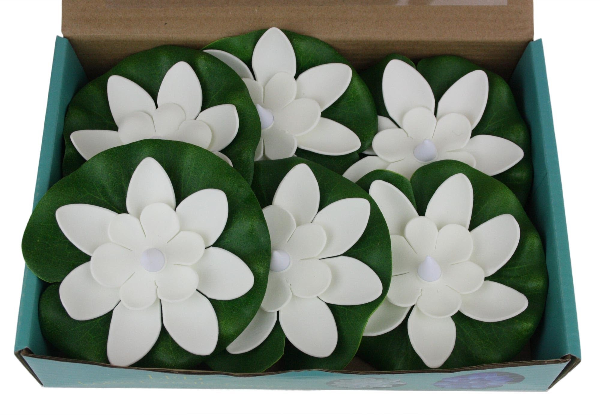 Emartbuy Set of 6 Floating LED Lotus Flower Lamps – Waterproof Flameless Candle Lights for Ponds, Bathtubs, Home Decor, Wedding & Festival Decorations (White & Green) — image 1