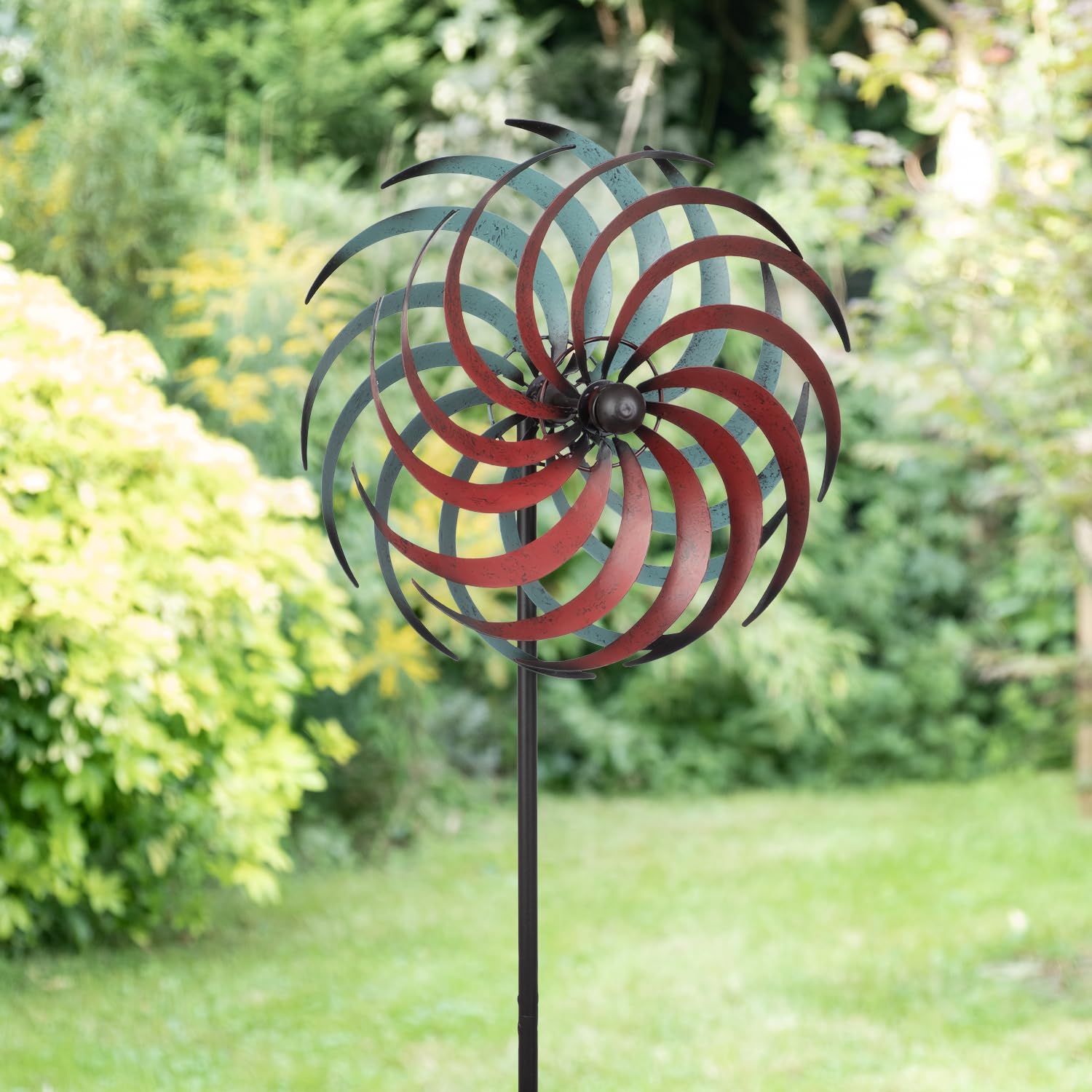 Molinillo de viento de metal para jardín, 175 cm de alto, doble caña, diámetro de 34 cm, color rojo y turquesa, resistente a la intemperie, para jardín, jardín, jardín, molinillo de viento de metal