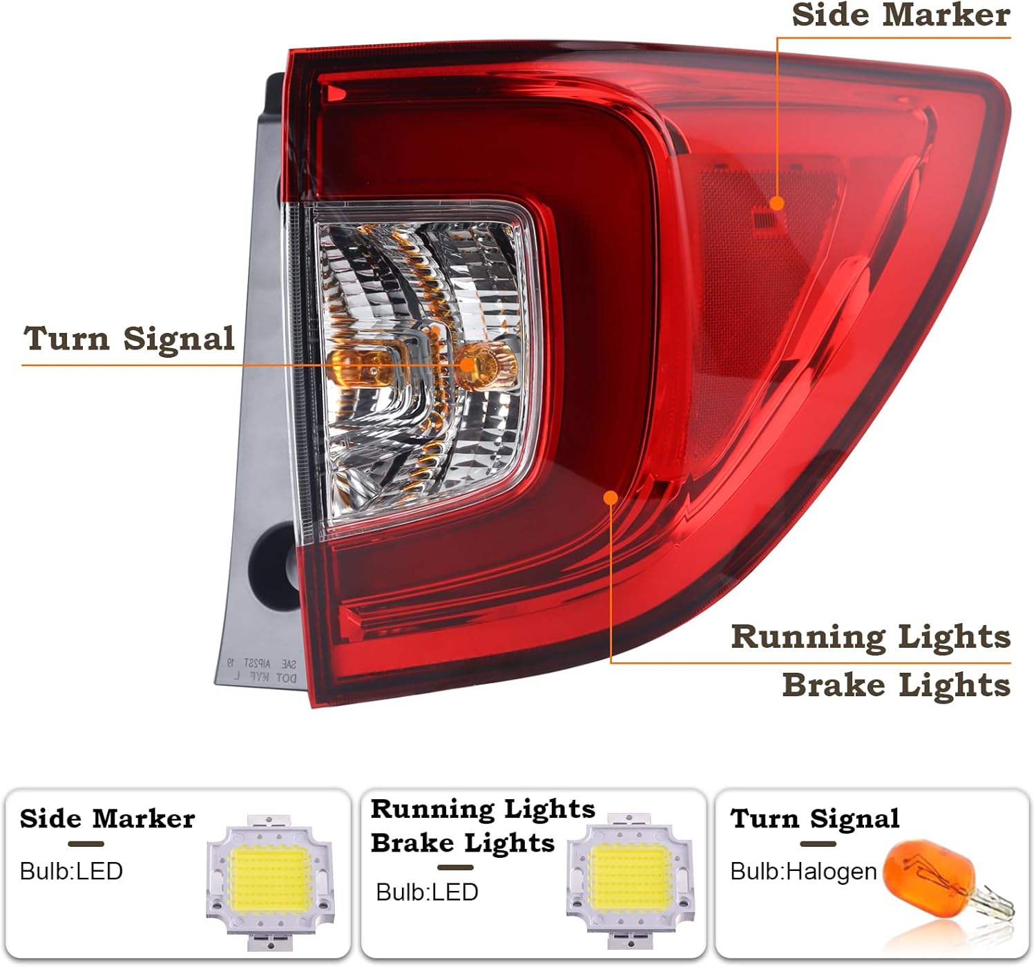 Right Passenger Side Outer LED Tail Light Fit for 2019 2020 2021 2022 Honda Pilot Rear Lamp Red Clear With Bulbs RH HO2805120 33500TG7A11 HD668B010R
