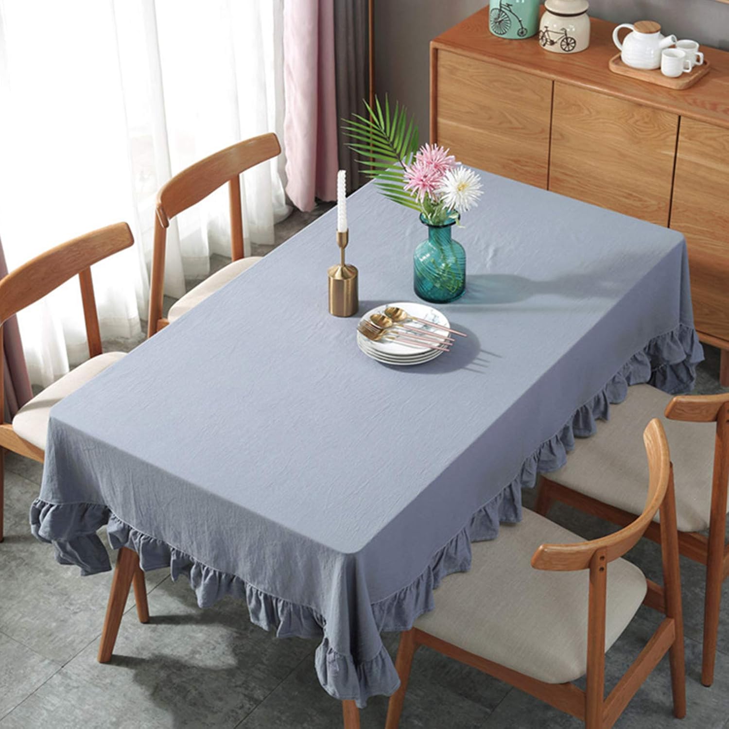 rismart Ruffle Rectangular Linen Table Cloth Cover Tablecloth Blue,140 x 260 cm