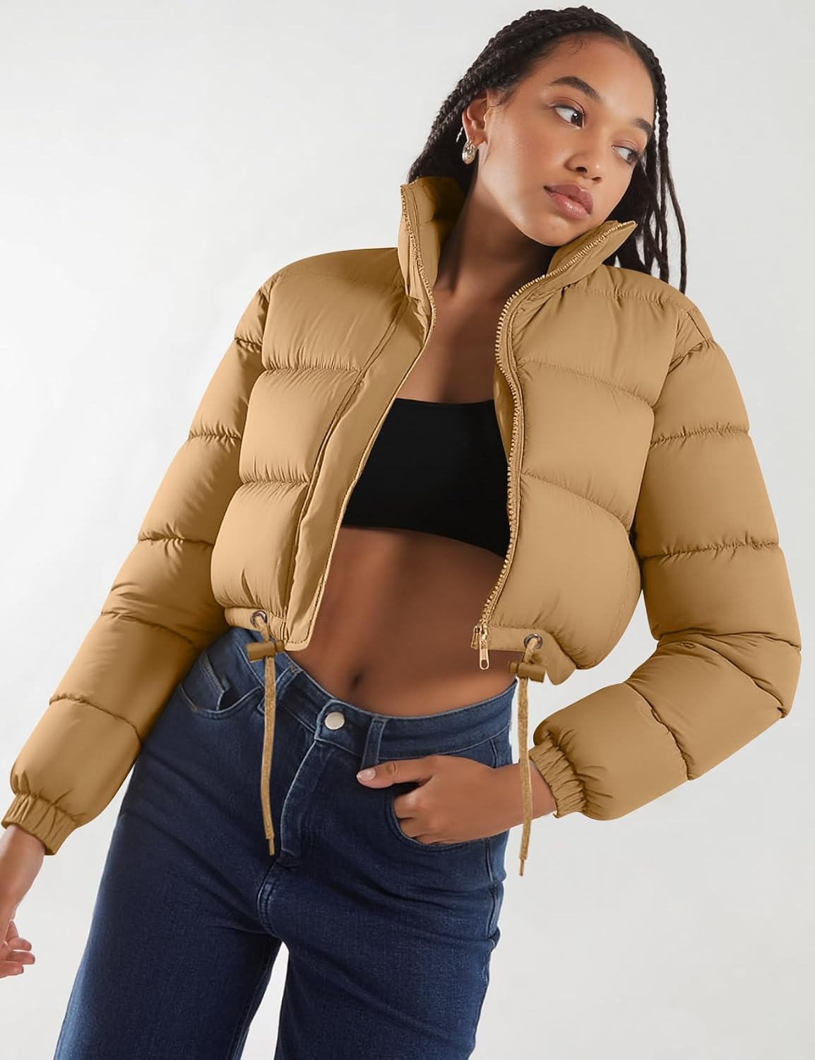 Flygo Women Cropped Puffer Jacket Winter Long Sleeve Quilted Puffy Bubble Padded Short Coats with Drawstring - Image 5