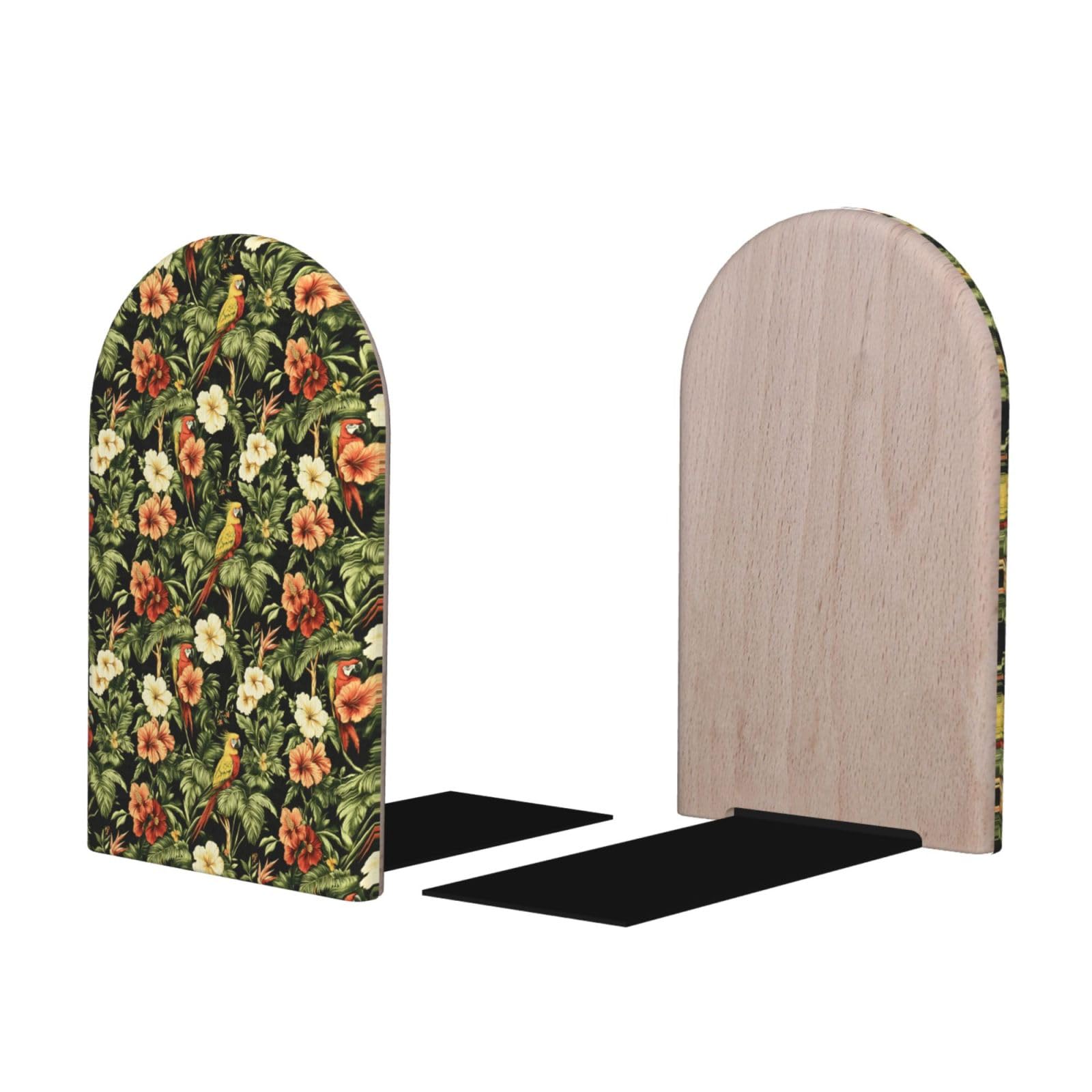 Hawaii Retro Parrot Print BookEnds 1 Pair, Decorative Bookends for Heavy Books, Wood Book Ends for Shelves, Book Organizer for Home Desk Office Supplies